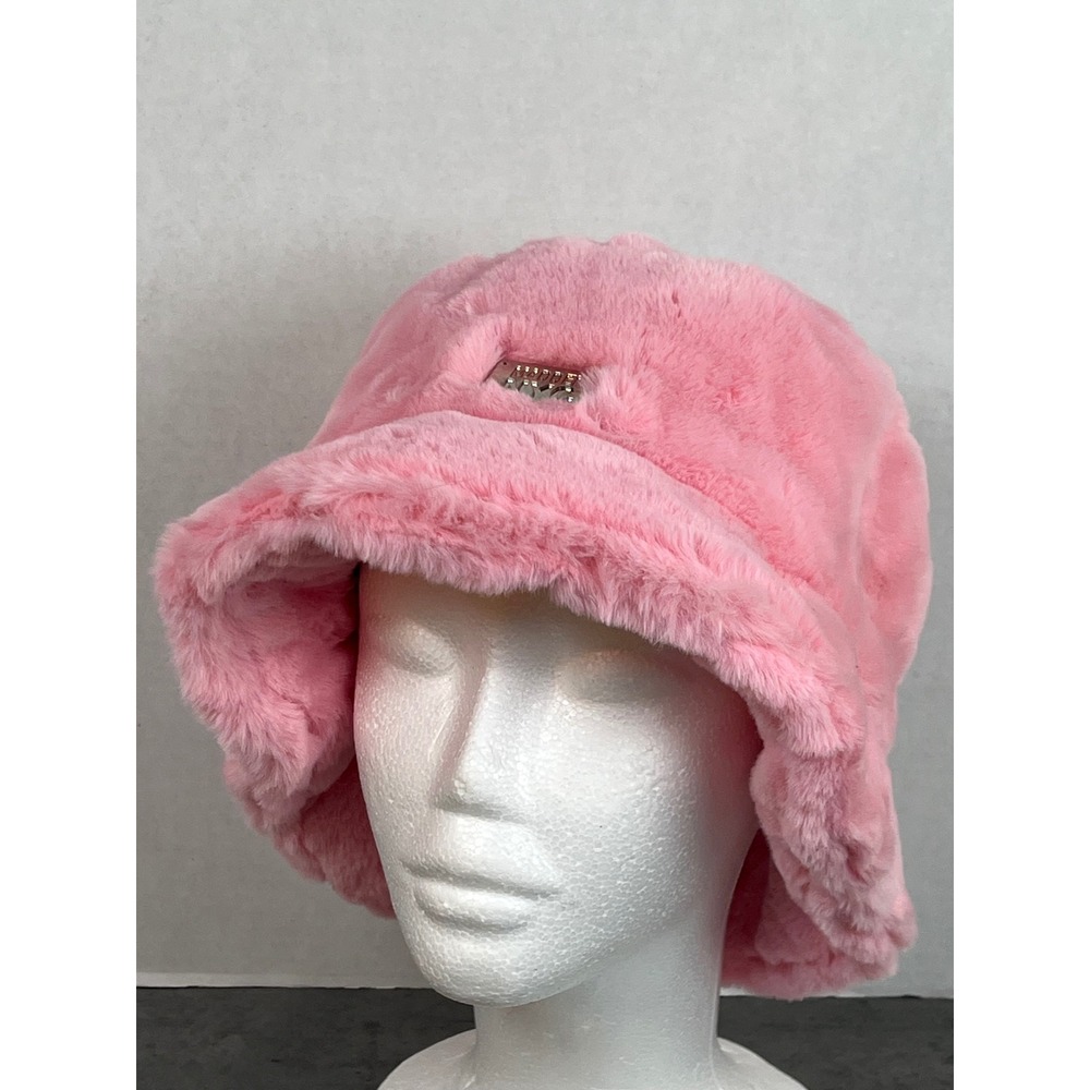 Madden NYC Pink Faux Fur Bucket Hat Silver Logo Plaque Fuzzy Winter Streetwear